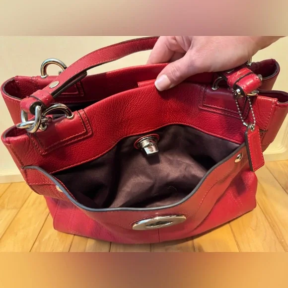 Coach Red Pebbled Leather Turnlock Tote Shoulder Bag Silver Hardware - Picture 5 of 11